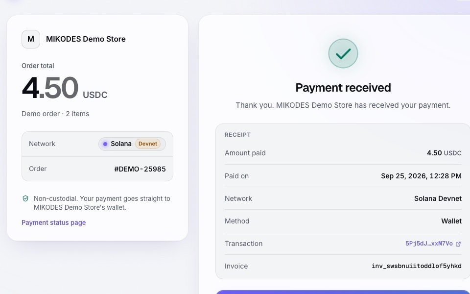 Stablecoin Checkout: payment received (demo store)