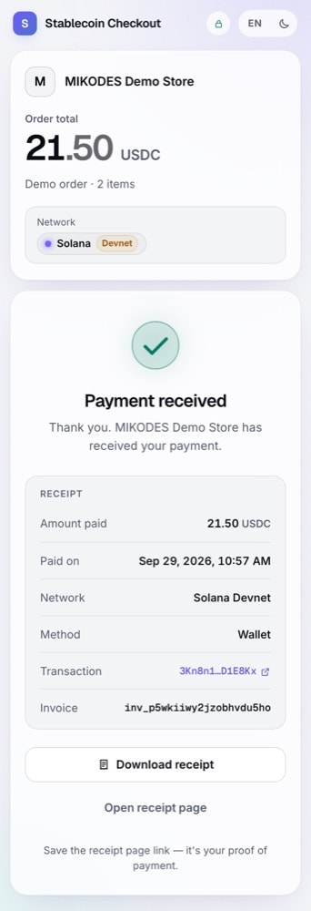 Stablecoin Checkout: paid checkout on a phone (demo store)